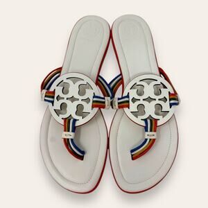 Tory Burch Mignon Leather Miller Thong Sandal Rainbow Multi White 9 Women’s